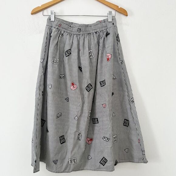 Zara Basics Twee Black White Pinstripe Quirky Pattern Buttons Full Skirt - Picture 13 of 16